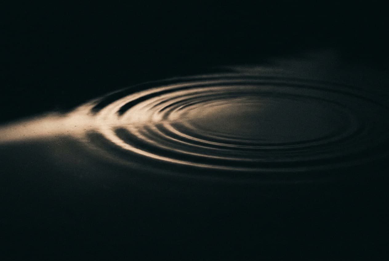 Concentric ripples spreading across dark still water, their crests catching a low warm light.