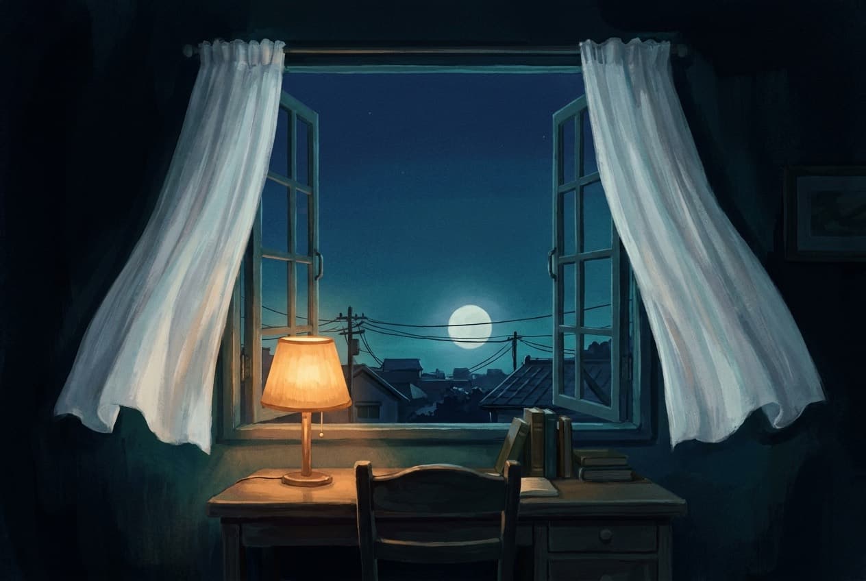 Painted night scene: an open window above a small desk lamp, looking out over rooftops toward a full moon.