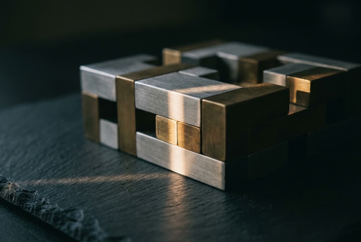 Interlocking blocks of brushed steel and brass fitted together into one ordered structure on dark slate.