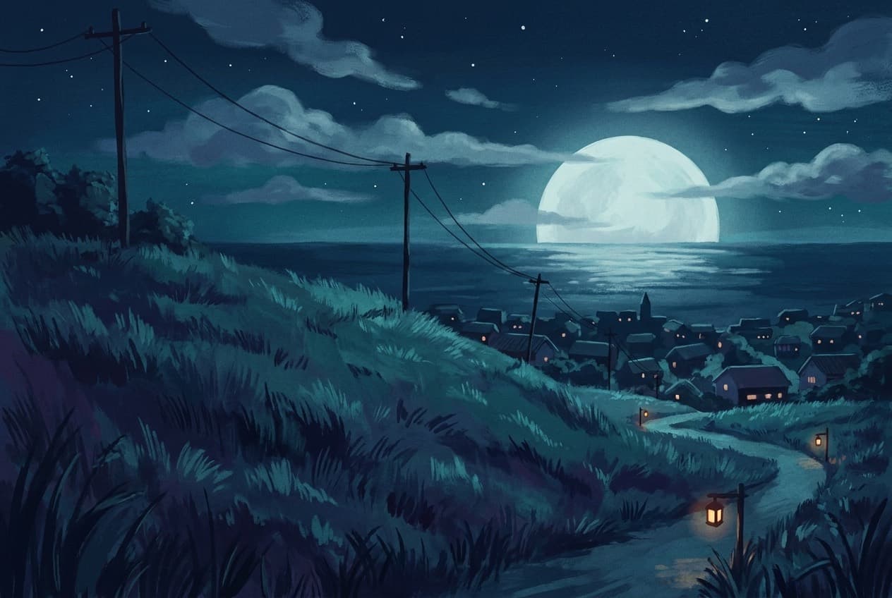 Painted night scene: a lantern-lit path across a grassy headland above a sleeping coastal town, with a full moon low over the sea.
